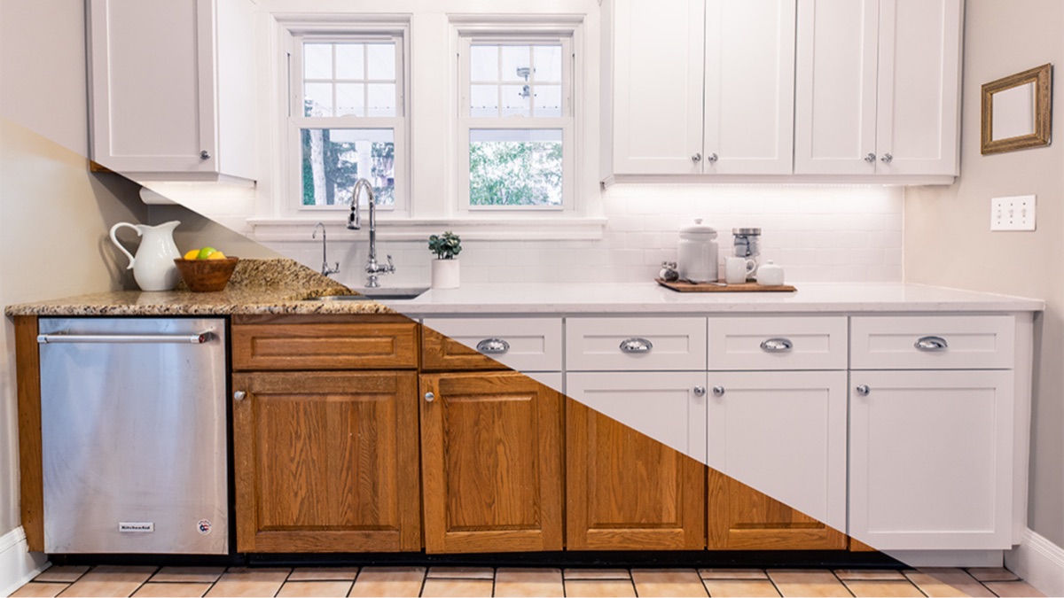 One kitchen run shown before and after refacing: dated honey-oak doors on one side, white shaker doors and a pale quartz counter on the other.